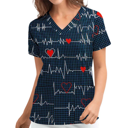Love Womens Scrub Top Medical Nursing Uniform Stretch Print V-Neck Short Sleeve Medical Dental Tops With Pockets