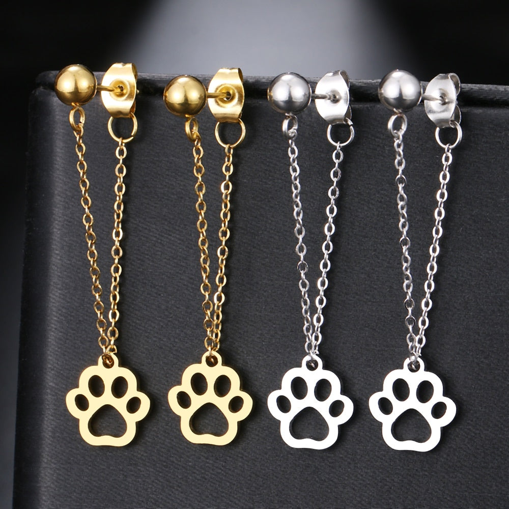 Stainless Steel Veterinary Pet Lovers Earrings Fashion Simple Metal Chain Personality Hollow Dog Paw Back Hanging Drop Earrings For Women Jewelry Gift
