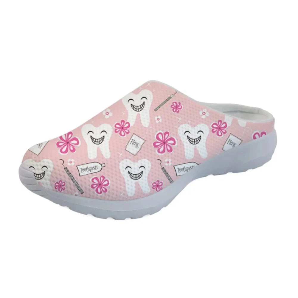 Casual Women Summer Beach Shoes Home Pink Slippers Girl Female Nurse Shoes Funny Dentist Teeth Print Mesh Sandals