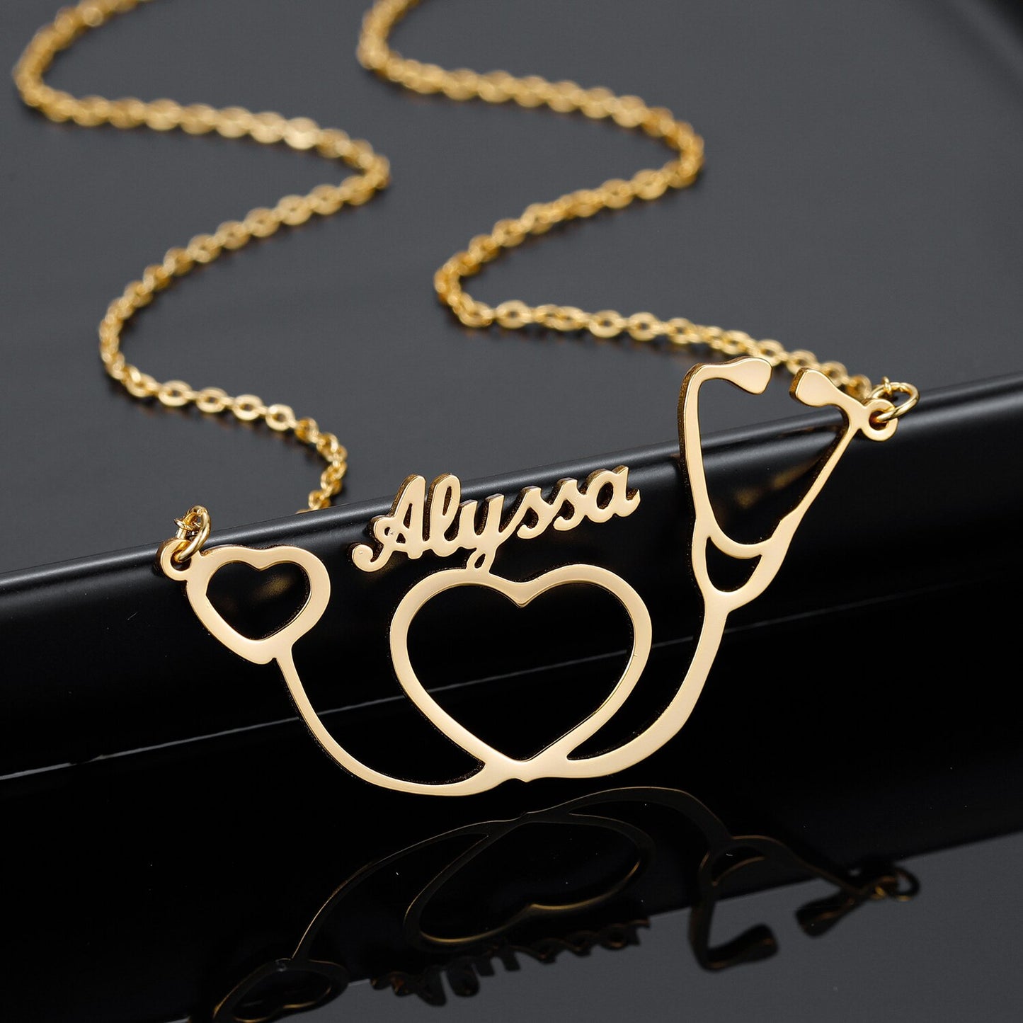 Collar personalizado con nombre de estetoscopio, collares de cadena de acero inoxidable dorados para mujer, joyería de moda para médico y enfermera, regalo personalizado