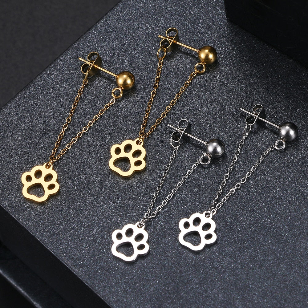 Stainless Steel Veterinary Pet Lovers Earrings Fashion Simple Metal Chain Personality Hollow Dog Paw Back Hanging Drop Earrings For Women Jewelry Gift