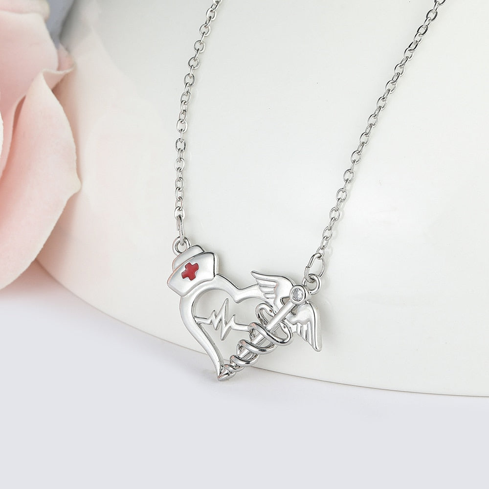 Medical Nurse Heart Necklace Silver Plated Quality Caduceus Pendant Medicine Jewelry Gift for Doctor Girls Women