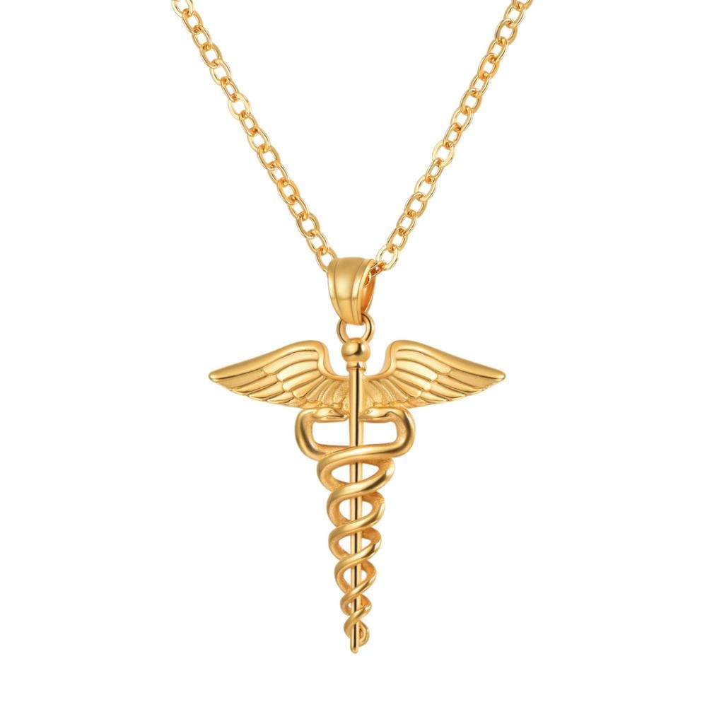 Medical Caduceus Pendant Women Gold/Silver/Black Plated Color Medical Symbol Stainless Steel Medical Jewelry Nursing Necklace Women