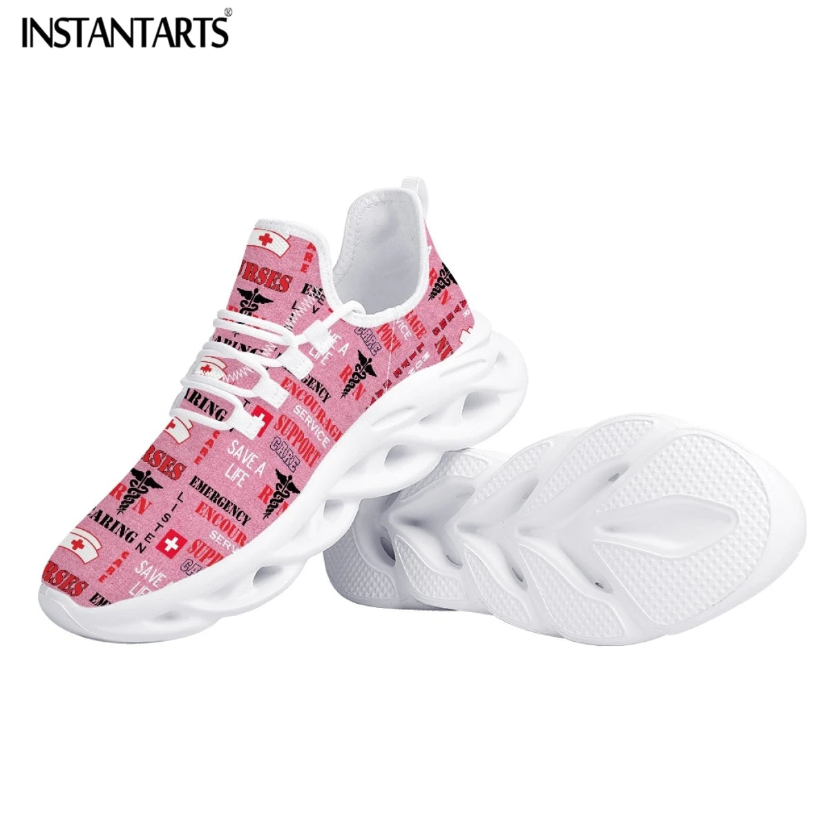 Fashion Paramedic Nurse Pattern Ladies Flat Shoes Lightweight Lace up Sneakers Pink Nursing Shoes for Women