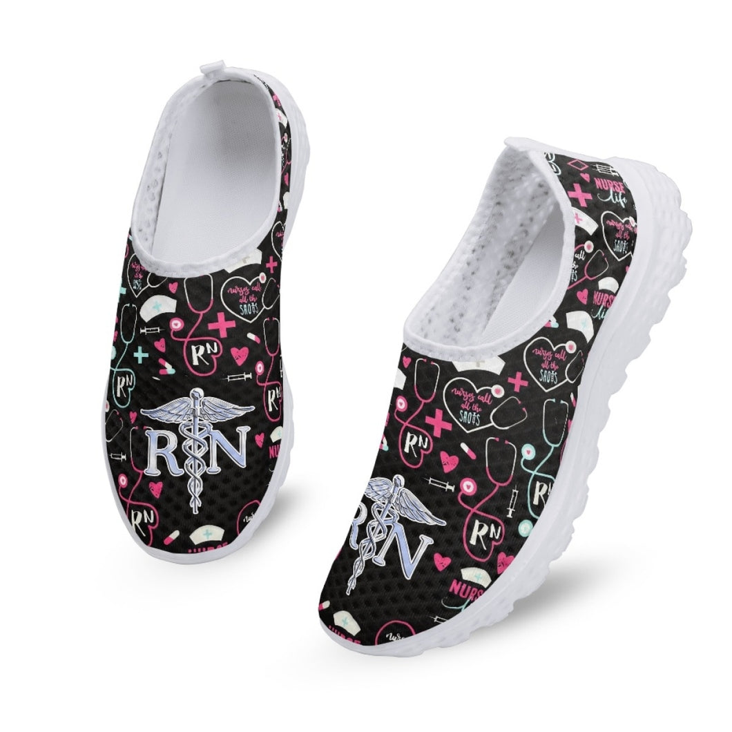 RN Medical Tools Printed Slip-on Flat Shoes for Women Casual Mesh Tennis Health Care Nursing Shoes Breathable Slip-on Sneakers