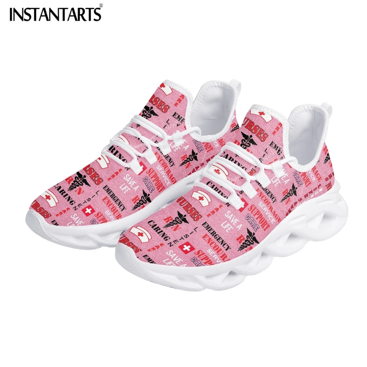 Fashion Paramedic Nurse Pattern Ladies Flat Shoes Lightweight Lace up Sneakers Pink Nursing Shoes for Women