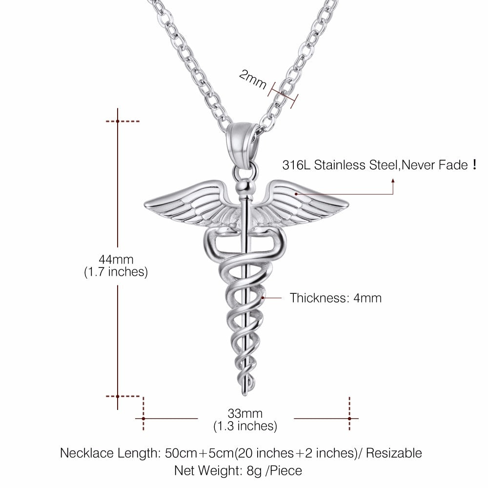 Medical Caduceus Pendant Women Gold/Silver/Black Plated Color Medical Symbol Stainless Steel Medical Jewelry Nursing Necklace Women