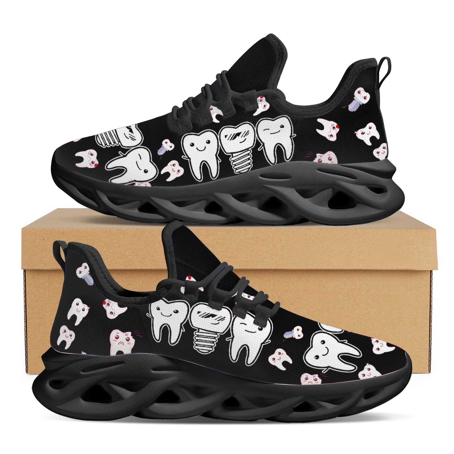 INSTANTARTS Cute Cartoon Teeth Platform Sneakers Comfortable Breathable Summer Knitted Blade Shoes Black Dental Shoes Flats