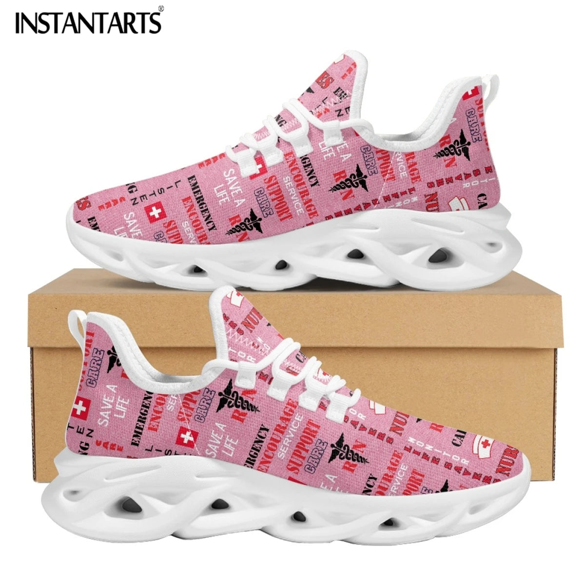 Fashion Paramedic Nurse Pattern Ladies Flat Shoes Lightweight Lace up Sneakers Pink Nursing Shoes for Women