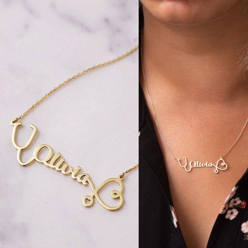 Personalized Cute Stethoscope Name Necklace Medical Jewelry Custom Nurse Doctor Nameplate Choker Necklaces For Women Girl Gifts