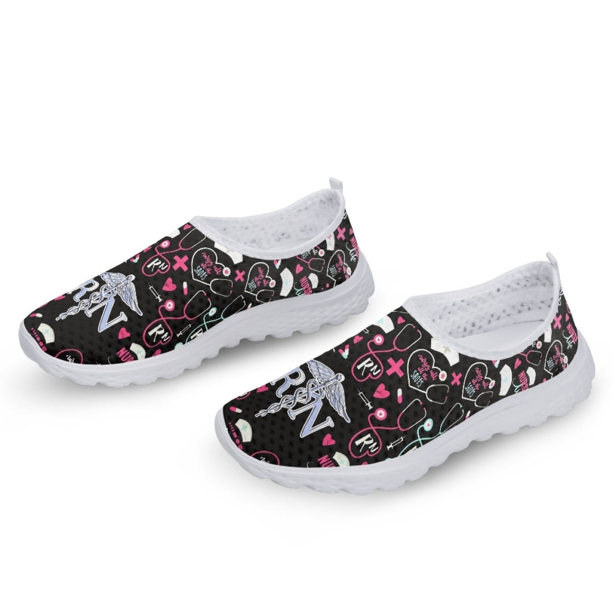 Zapatos planos sin cordones con estampado de herramientas médicas RN para mujer, zapatillas informales de malla para tenis, zapatos de enfermería para el cuidado de la salud, zapatillas transpirables sin cordones