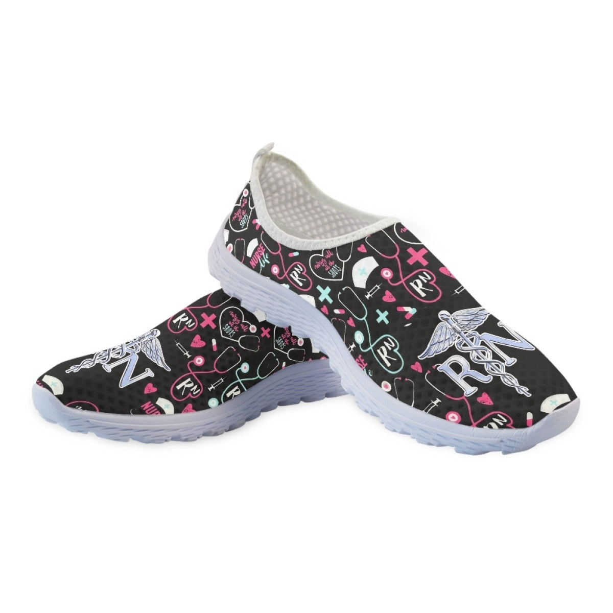 Zapatos planos sin cordones con estampado de herramientas médicas RN para mujer, zapatillas informales de malla para tenis, zapatos de enfermería para el cuidado de la salud, zapatillas transpirables sin cordones