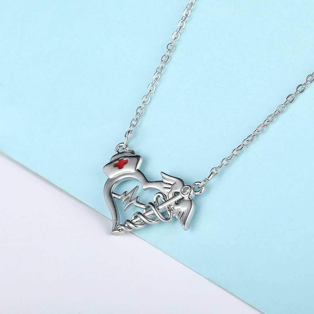 Medical Nurse Heart Necklace Silver Plated Quality Caduceus Pendant Medicine Jewelry Gift for Doctor Girls Women