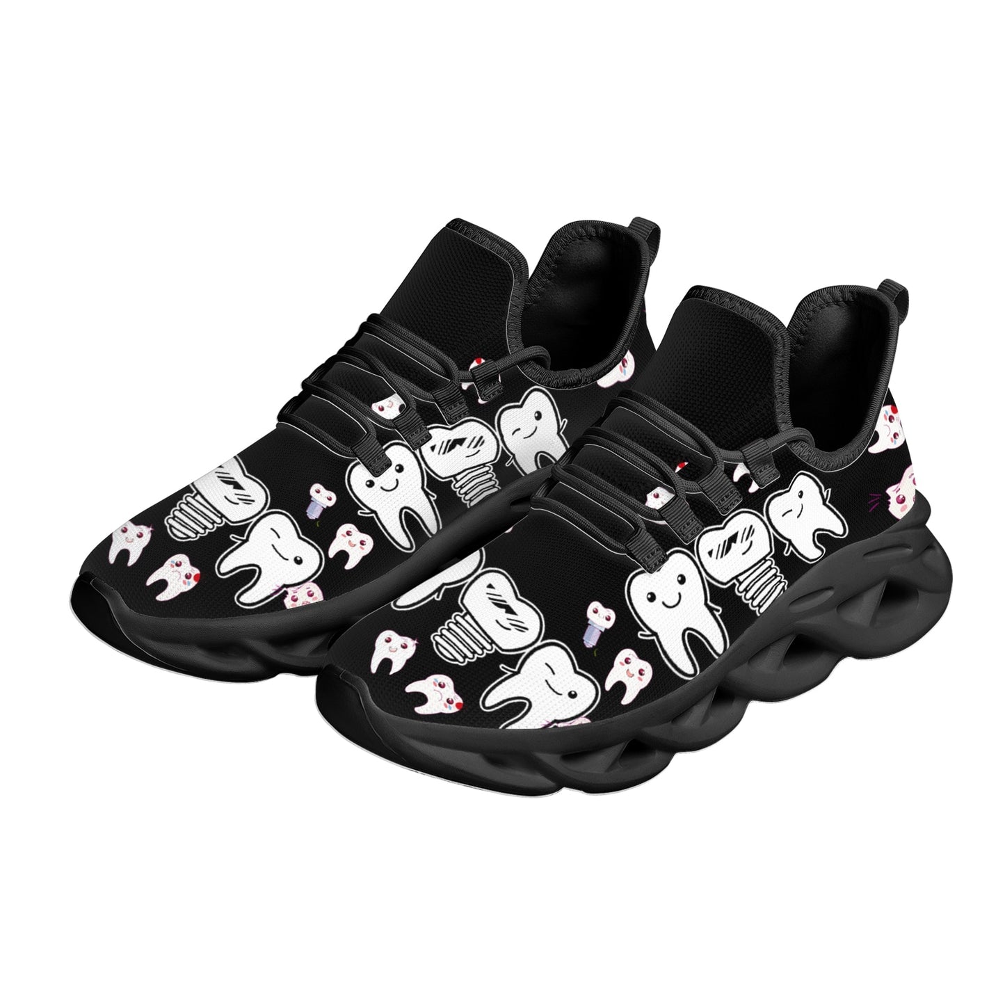 INSTANTARTS Cute Cartoon Teeth Platform Sneakers Comfortable Breathable Summer Knitted Blade Shoes Black Dental Shoes Flats