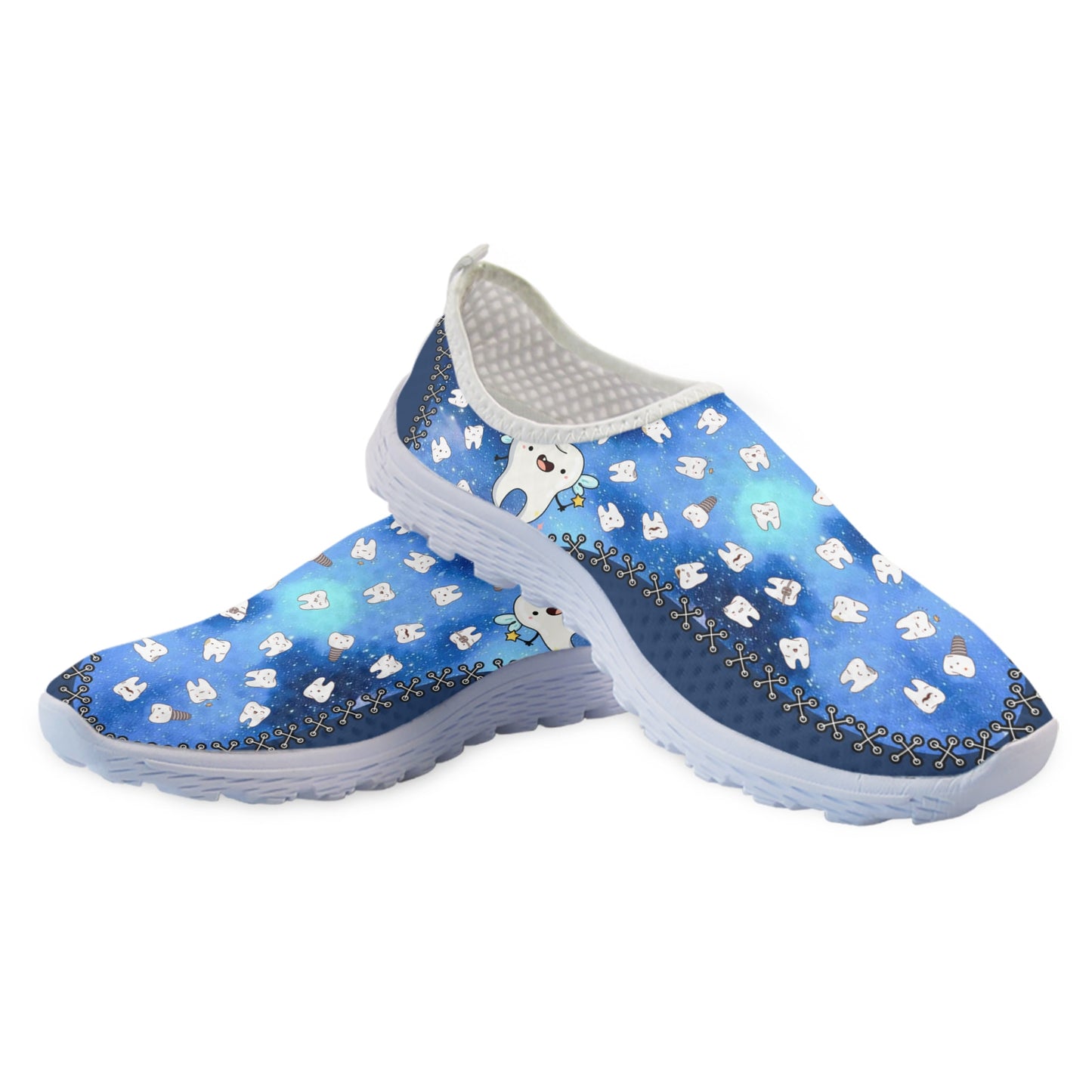 Zapatos de malla transpirables ligeros con diseño de dientes de dibujos animados de estrella azul zapatos de apartamento cómodos y suaves zapatos para caminar