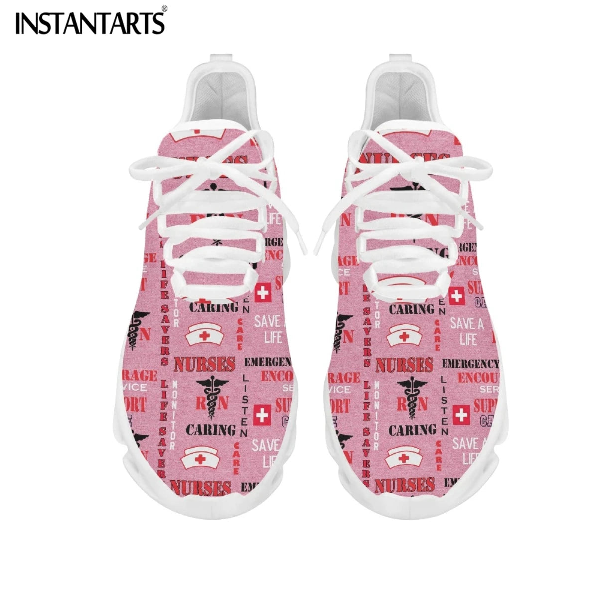 Fashion Paramedic Nurse Pattern Ladies Flat Shoes Lightweight Lace up Sneakers Pink Nursing Shoes for Women