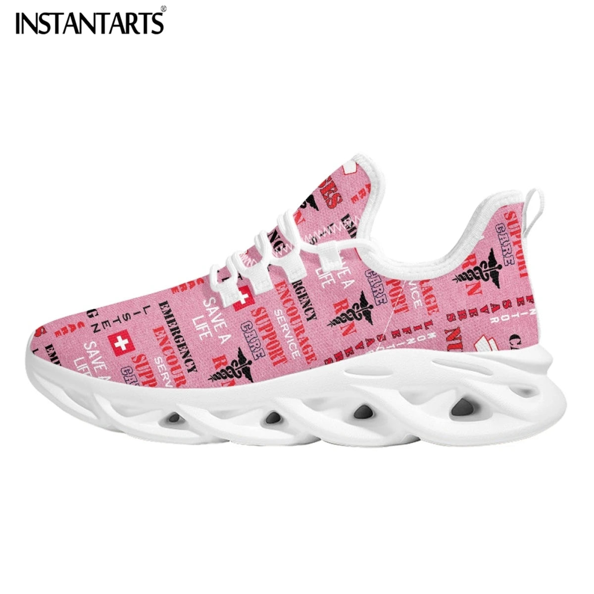 Fashion Paramedic Nurse Pattern Ladies Flat Shoes Lightweight Lace up Sneakers Pink Nursing Shoes for Women