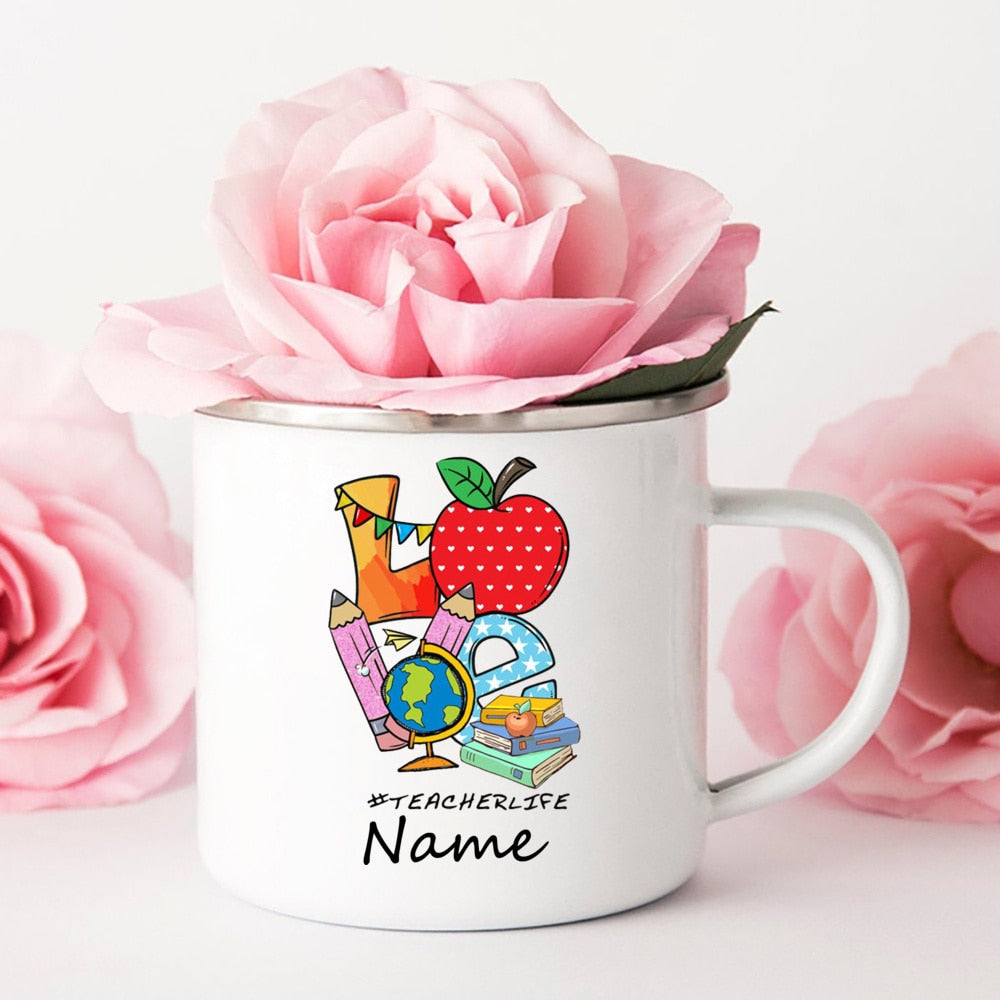 Personalized Custom Name Enamel Mug Creative Retro Coffee Water Cups Drink Dessert Milk Cup Mugs Handle Drinkware Teacher Gifts