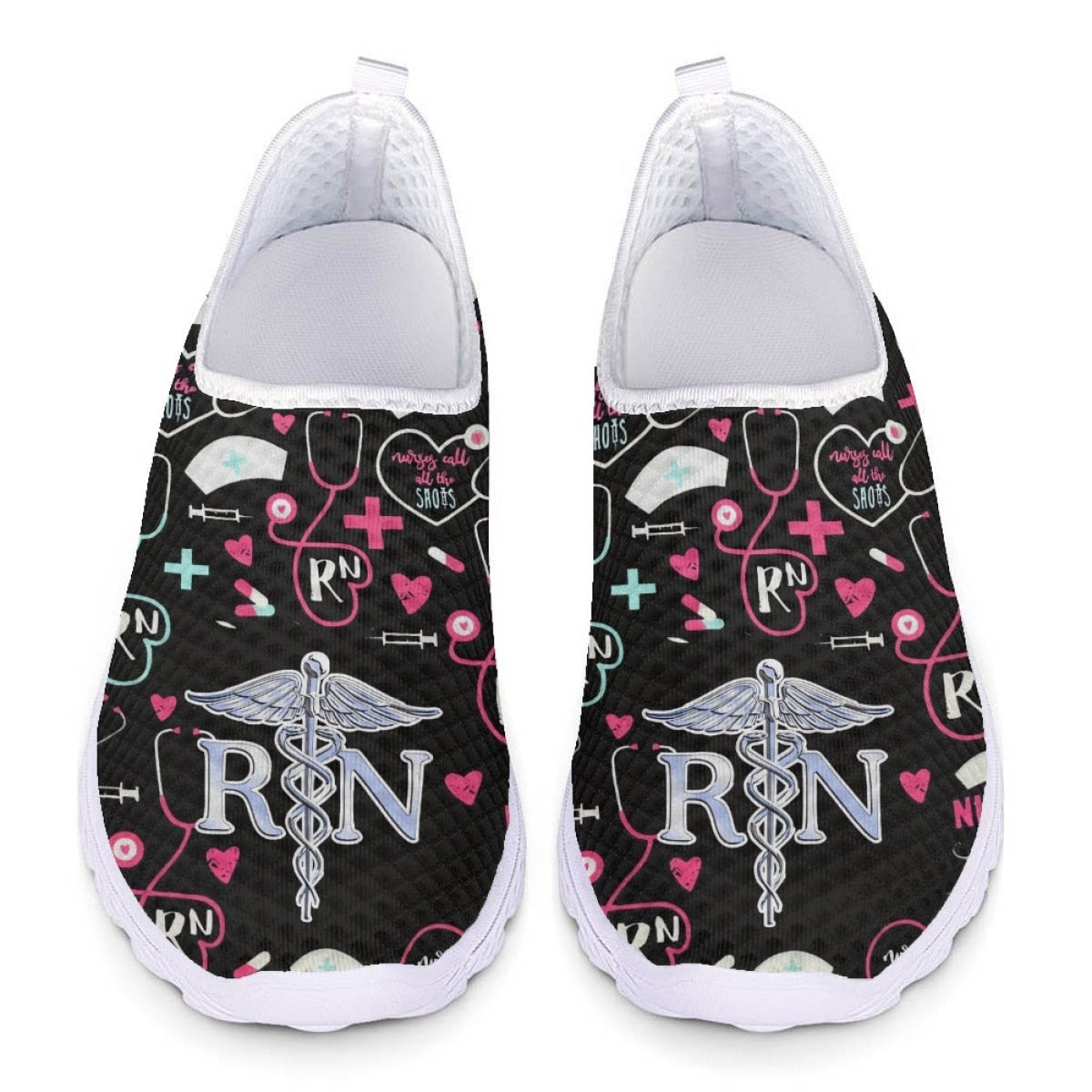 RN Medical Tools Printed Slip-on Flat Shoes for Women Casual Mesh Tennis Health Care Nursing Shoes Breathable Slip-on Sneakers