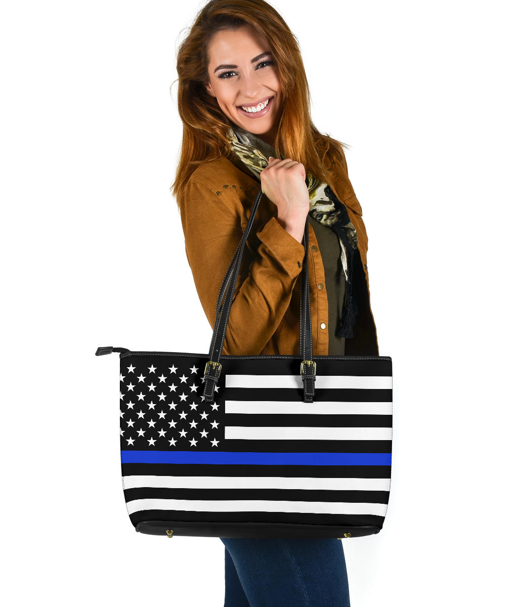 Bolso de mano grande de piel sintética con bandera de la policía de línea azul fina