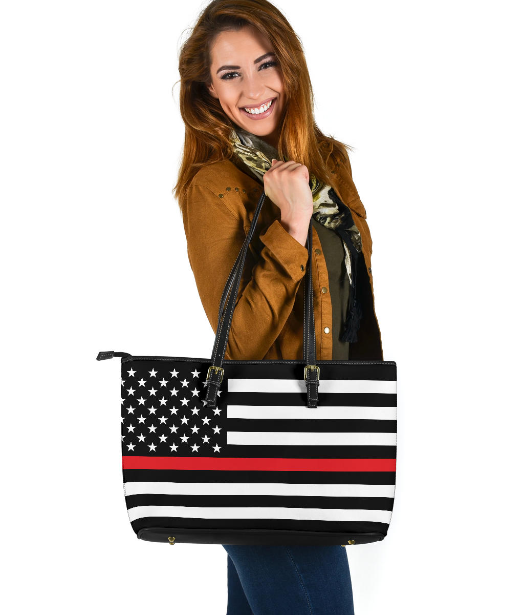 Thin Red Line Flag Firefighter Large PU Faux Leather Tote Bag