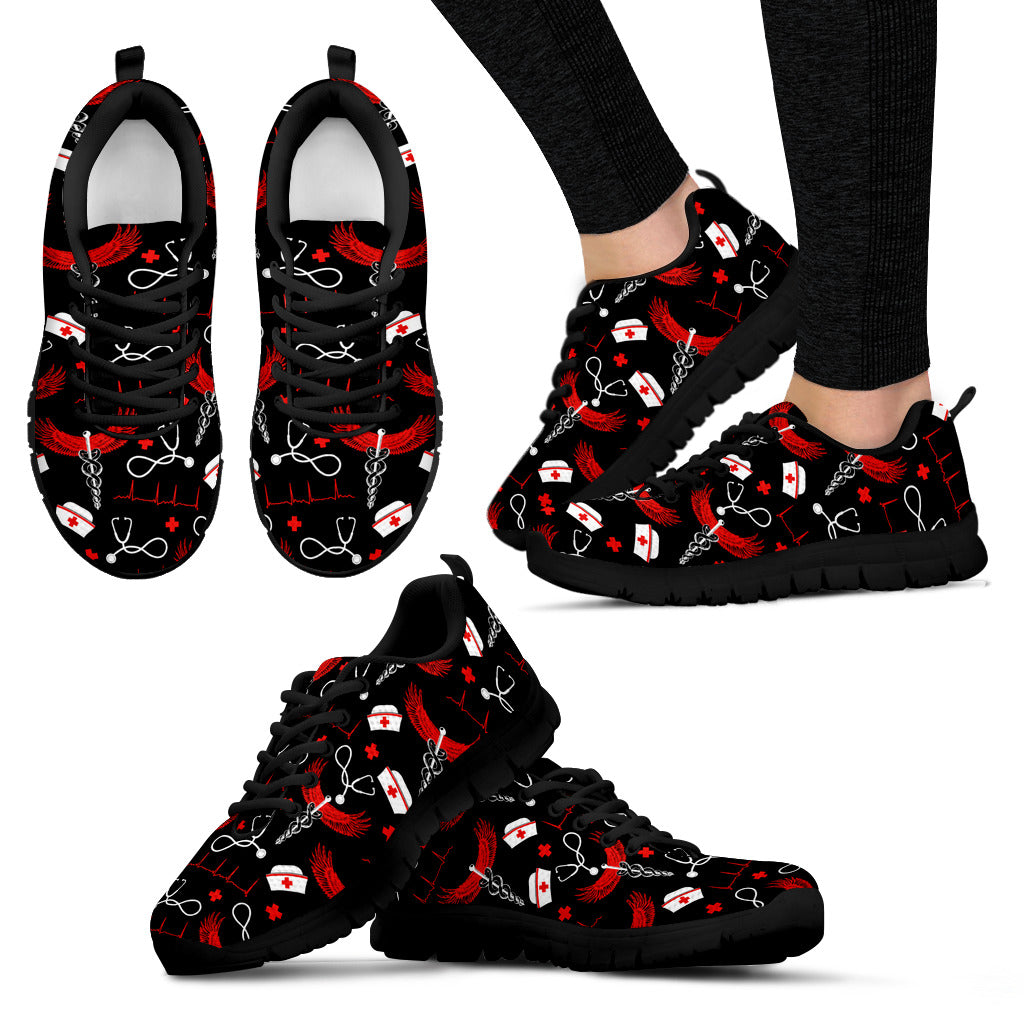 Nurse Women's Sneakers - Black w/Red & White Nurse Print