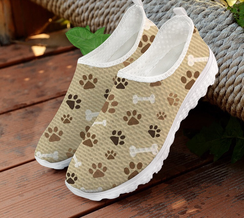 Mesh Women Casual Shoes Rainbow Color Dog Paw Pattern Printing Breathable Flats Female Slip On Sneakers Zapato Lady