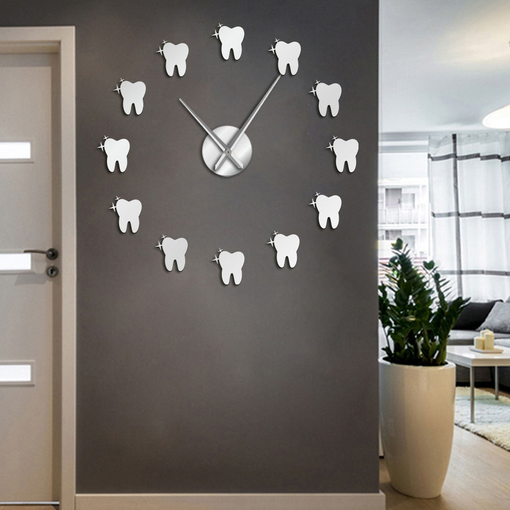 Reloj de pared 3D DIY con efecto espejo acrílico contemporáneo, dientes de dentista, pared para oficina, reloj Art Deco, regalo para médico