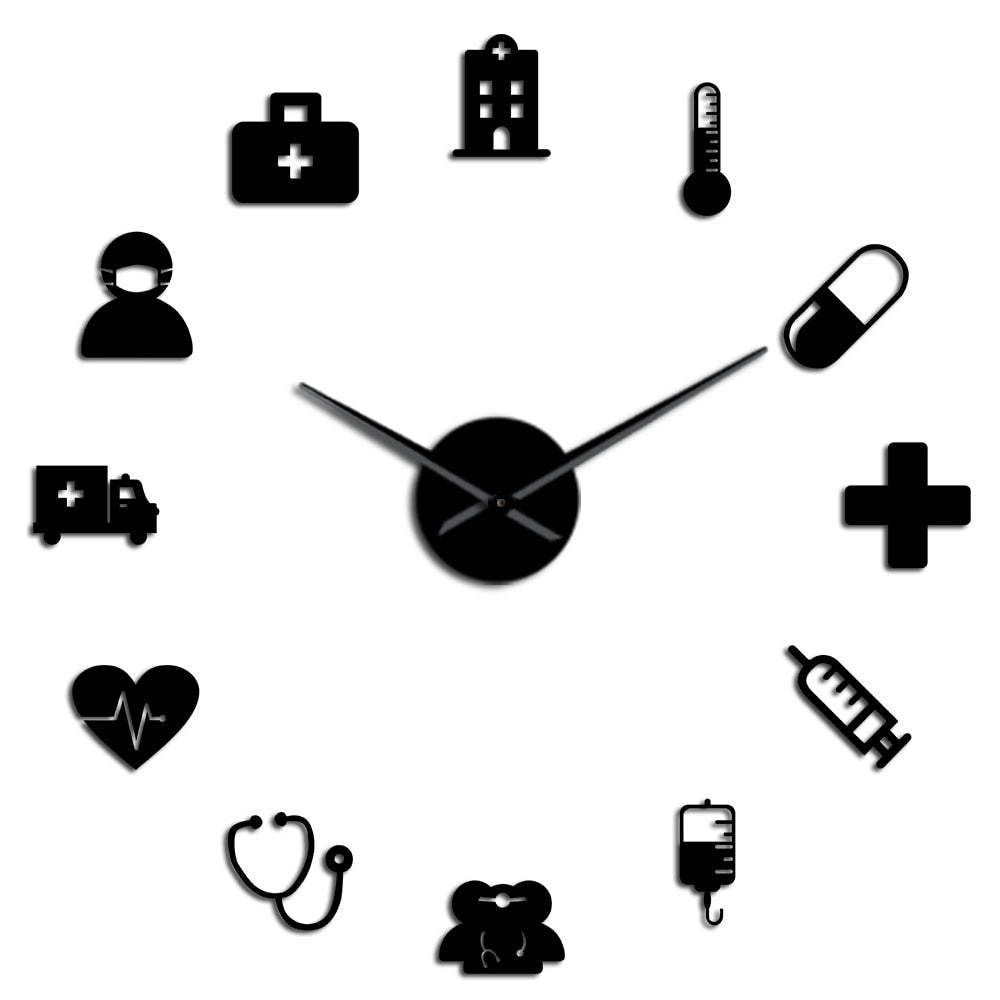 Medicina, cuidado de la salud, herramientas médicas de ambulancia, reloj de pared grande DIY, pegatinas de pared con efecto espejo acrílico, reloj de decoración clínica de Hospital