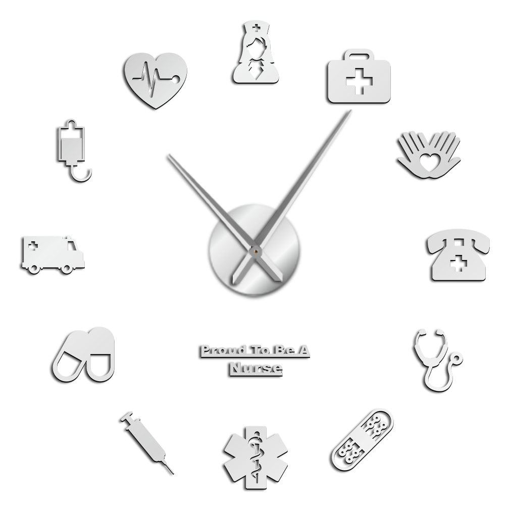Orgulloso de ser una enfermera 3D DIY efecto espejo silencioso Reloj de pared farmacia Hospital Arte de la pared Decoración reloj regalo para médico y enfermera