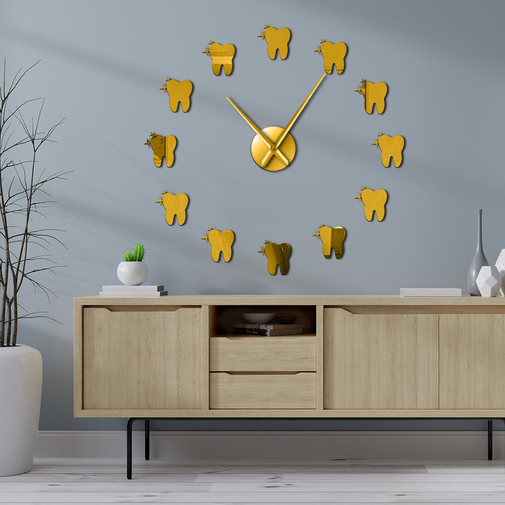Reloj de pared 3D DIY con efecto espejo acrílico contemporáneo, dientes de dentista, pared para oficina, reloj Art Deco, regalo para médico