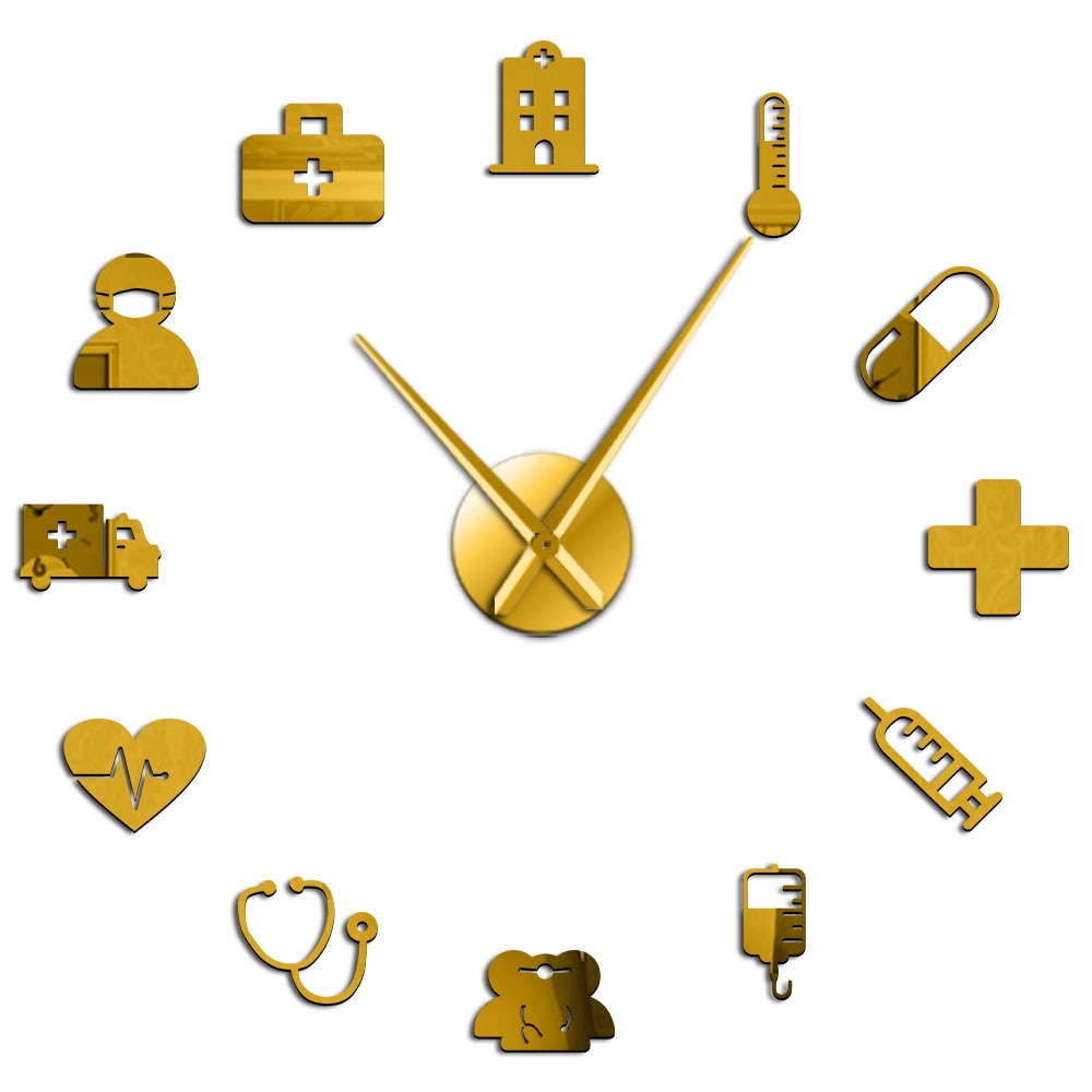 Medicina, cuidado de la salud, herramientas médicas de ambulancia, reloj de pared grande DIY, pegatinas de pared con efecto espejo acrílico, reloj de decoración clínica de Hospital