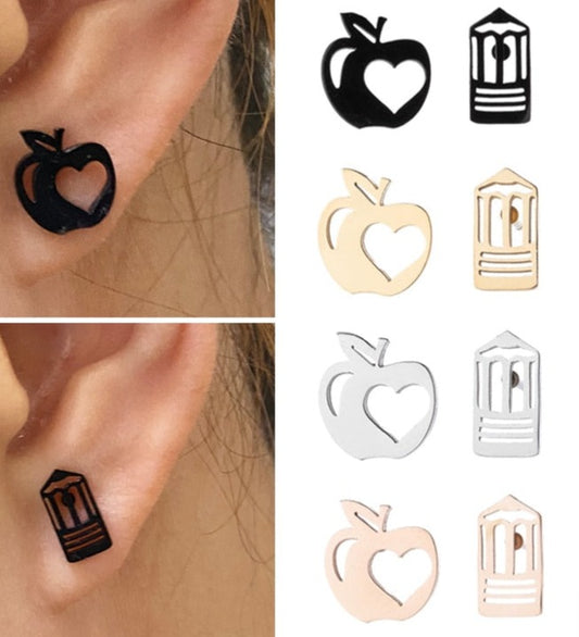 New Fashion Apple Pencil Globe Earrings Teacher Educator Homeschool Tutor Women Stainless Steel Fashion Creative Asymmetrical Ear Studs Gift Earrings Jewelry