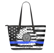 Load image into Gallery viewer, Thin Blue Line Sunflower Large PU Faux Leather Tote Bag
