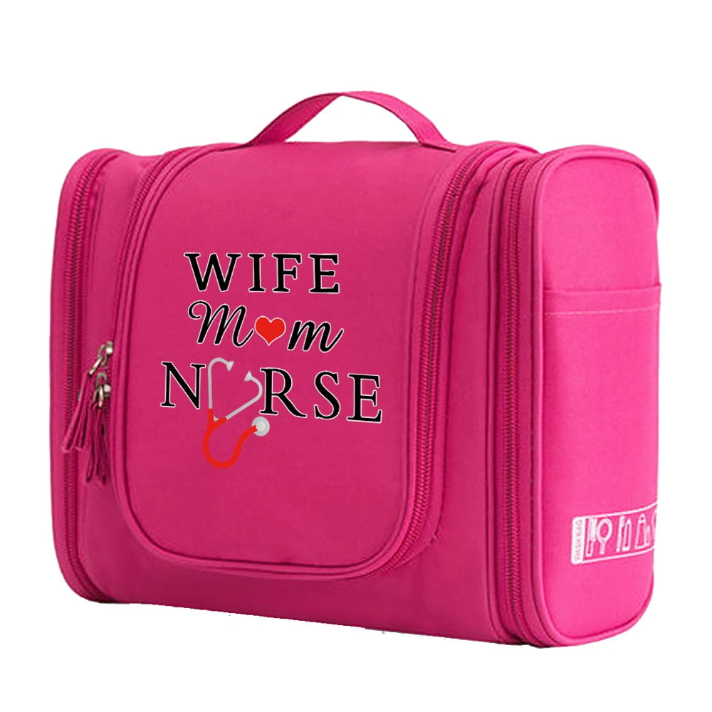 Pink Nurse Hanging Cosmetic MakeUp and Toiletry Bag Handbag Women Wash Pouch Hook Up Cosmetic Bags Travel Camping Toiletry Organizer Nurse Print Waterproof Make Up Case