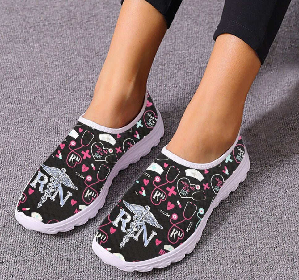 RN Medical Tools Printed Slip-on Flat Shoes for Women Casual Mesh Tennis Health Care Nursing Shoes Breathable Slip-on Sneakers