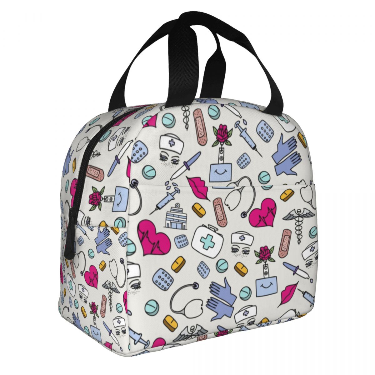 Nurse Print Insulated Portable Lunch Tote Bag  Large Capacity Nurse Picnic Bag Insulated Lunch Bag Women Nurse Print Food Case Portable School Bento Fruits Fresh Storage Pouch