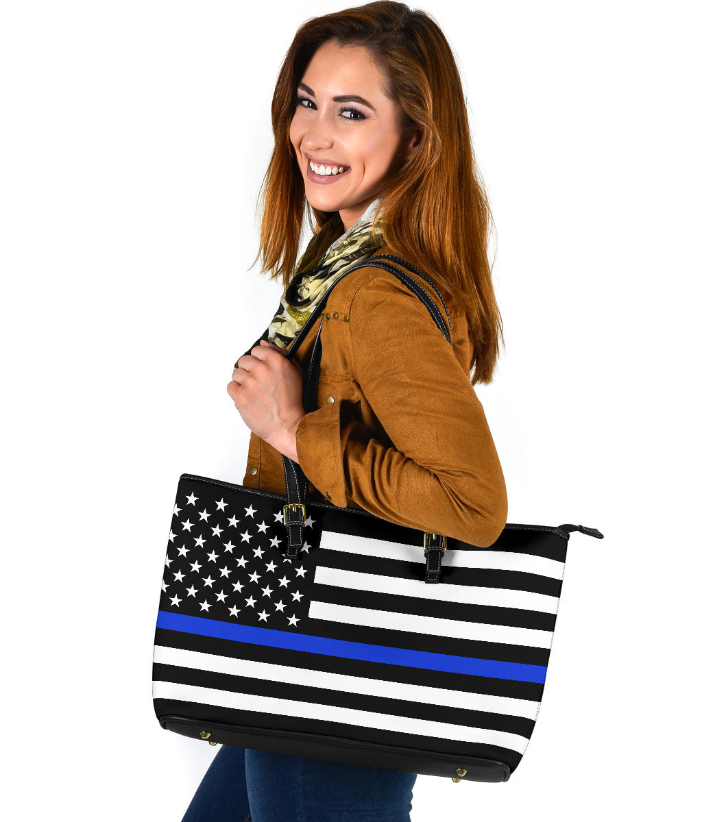 Thin Blue Line Flag Police Large PU Faux Leather Tote Bag