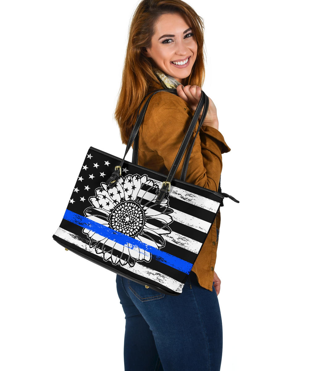 Thin Blue Line Sunflower Large PU Faux Leather Tote Bag