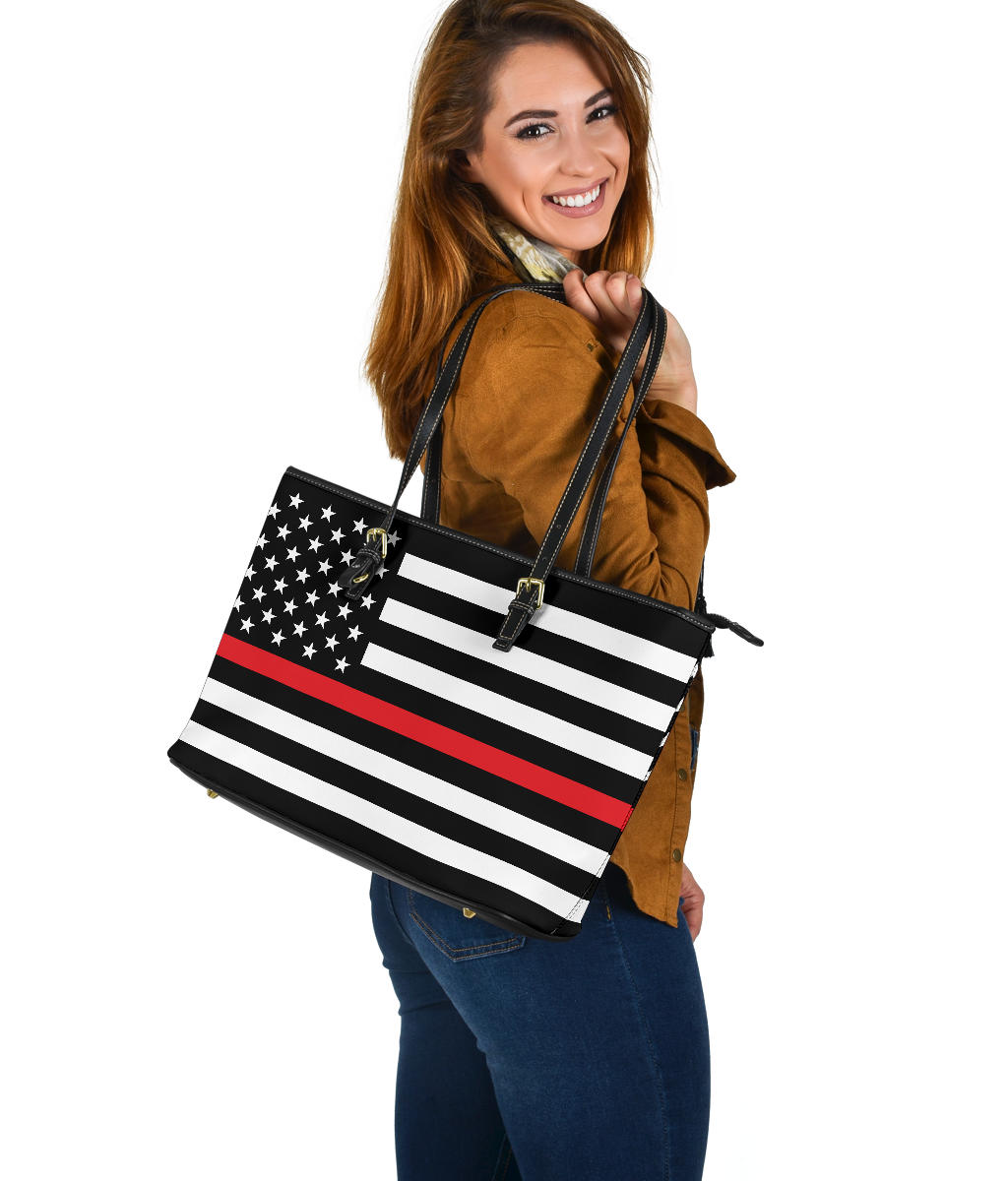 Thin Red Line Flag Firefighter Large PU Faux Leather Tote Bag
