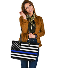 Load image into Gallery viewer, Thin Blue Line Flag Police Large PU Faux Leather Tote Bag
