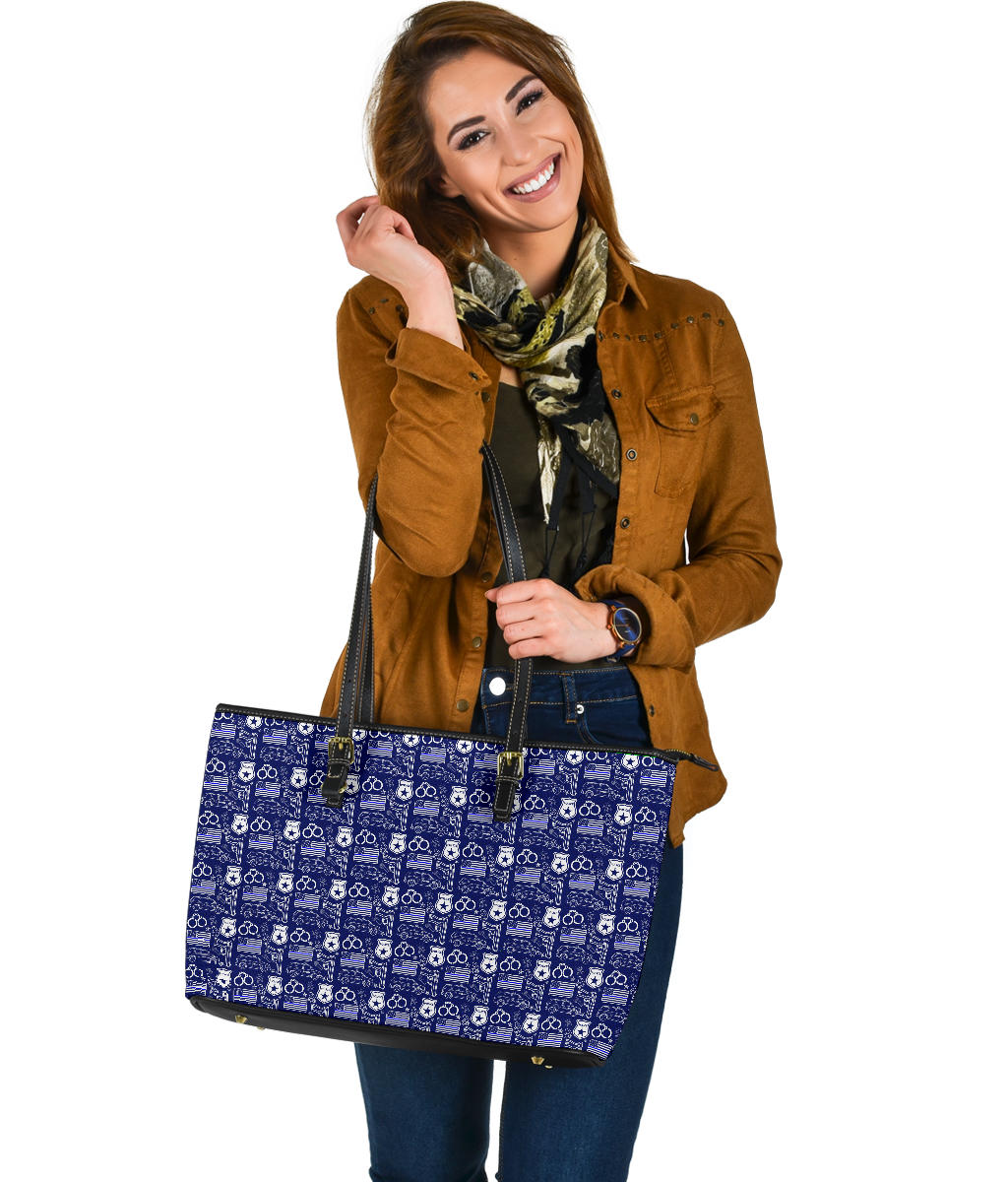 Police Print Back The Blue/White Large PU Faux Leather Tote Bag