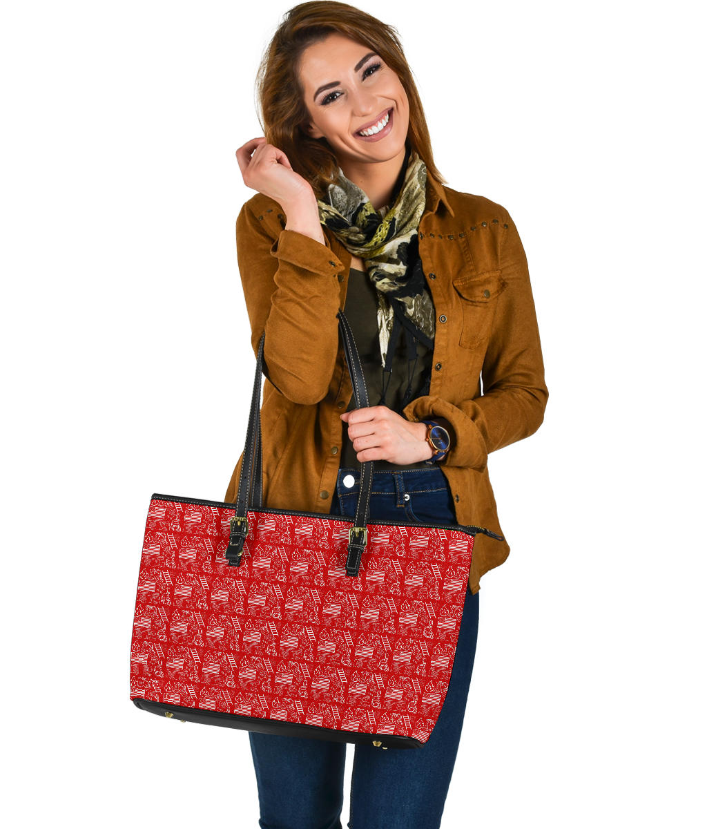 Firefighter Print Red Large PU Faux Leather Tote Bag