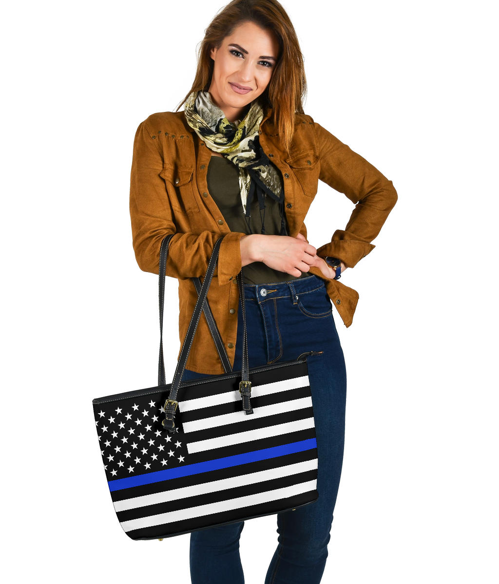 Thin Blue Line Flag Police Large PU Faux Leather Tote Bag