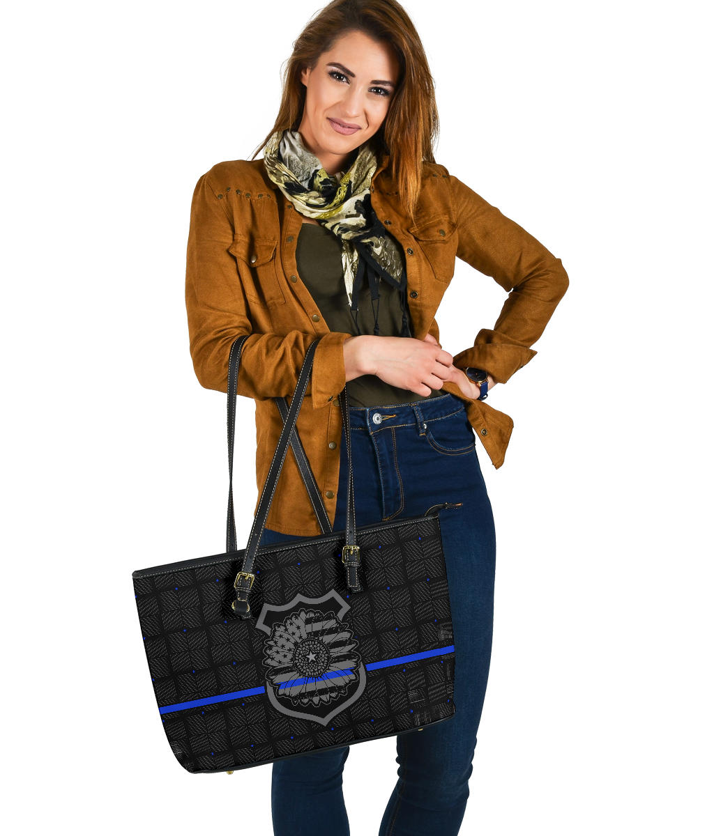 Thin Blue Line Sunflower Police Large PU Faux Leather Tote Bag