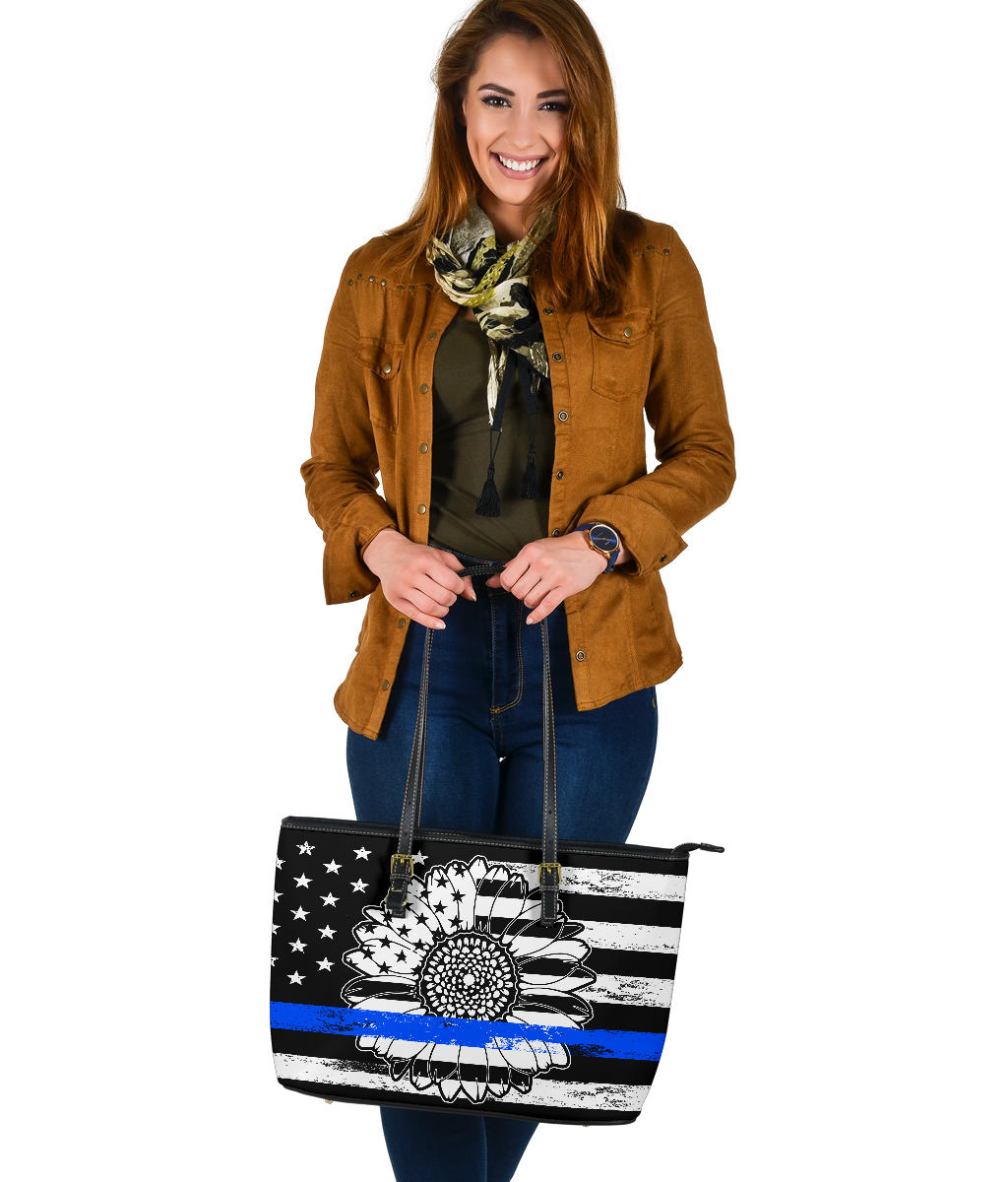 Thin Blue Line Sunflower Large PU Faux Leather Tote Bag